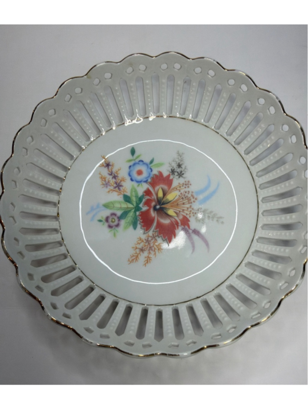 Vintage Germany Schumann Bavaria Reticulated Round Candy Dish Pierced Gold Rim